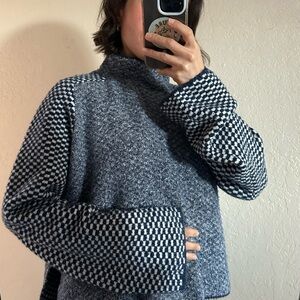 Reversible navy and white checkered mock next sweater